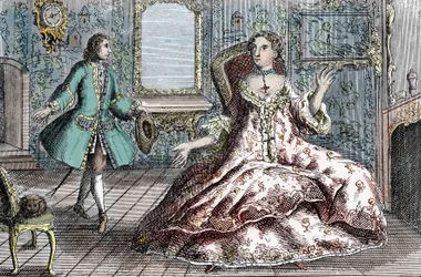 Porträtt av den franska brottslingen Marie Catherine Taperet Lescombat och hennes älskare Henri Mongeot (gravyr)