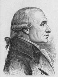 Porträtt av Gaspard Monge, greve av Peluse (1746 - 1818), fransk matematiker - i "Album de la Science; berömda vetenskapsmän; Stora upptäckter””” 1896.