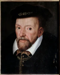 Porträtt av Gaspard de Coligny (1519-1572) amiral av Frankrike Målning av den franska skolan. 1500-talet sön. 0,24x0,19 m