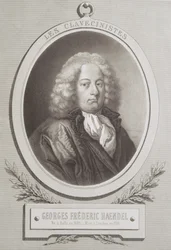 Porträtt av George Frederick Handel (1685-1759) frontispice av ett musikpartitur