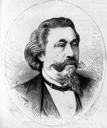 Porträtt av Georges Hainl (1807-1873), fransk dirigent och cellist. Gravyr i "" Le Monde Illustré"" nr 844 av 13 juni 1873.