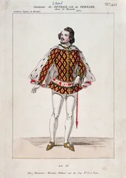 Porträtt av Gilbert Duprez, fransk tenor och kompositör i "La Favorite" av Gaetano Donizetti (färgad gravyr)
