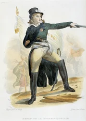Porträtt av Henri du Vergier, greve av La Rochejaquelein (eller Orchard of La Rochejacquelein) (1772-1794) med flaggan "live le roi" (på bröstet Vendeens insignier) - i "Le Plutarque Français" "" av Mennechet, band 8 1841