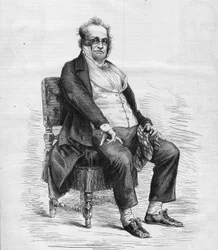 Porträtt av Henry Monnier (1799-1877), fransk dramatiker, serietecknare och komiker. Han är klädd som "Monsieur Prudhomme", en karaktär som uppfanns av Monnier, en tecknad serie av den franska borgaren på 1800-talet. Gravyr i "" Le Monde Illustré"" nr 1031