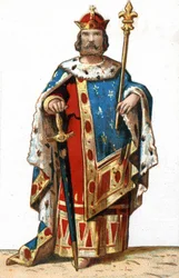 Porträtt av Hugues I Capet (v. 941 - 996), hertig av Frankrike och sedan kung av Frankrike. Kromolitografi från slutet av 1800-talet.