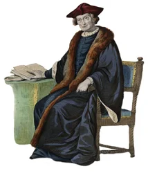 Porträtt av Jacques Auguste (Jacques-Auguste) av Thou (Thuanus) (1553-1617), fransk historiker, boksamlare och president för parlamentet i Paris. illustration från ""The French Plutarch"" av Edmond Mennechet