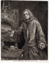 Porträtt av Jean Antoine Watteau (1684-1721), fransk målare - gravyr