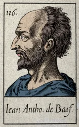Porträtt av Jean Antoine de Baif (1532-1589), fransk poetmedlem i Plejadrörelsen. Gravyr av 1800-talet.