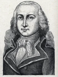 Porträtt av Jean Baptiste Cyrus Adelaide de Timbrune de Thiembronne dit Valencia, greve av Valencia och franska revolutionens general (1757-1822). Gravyr från 1889. Privat samling.