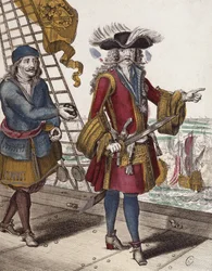 Porträtt av Jean Bart (1650-1702) med en brinnande tändstift i munnen under ett sjömöte (färgstick)
