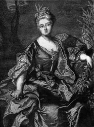 Porträtt av Jeanne Becu, grevinna (eller madame) av Barry (1743-1793), sista älskarinna till Ludvig XV, i Ceres, jordbrukets gudinna. Gravyr i "Historia om prostitution och utsvävningar i världens folk från antiken till våra dagar"" av Dr. T