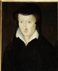 Porträtt av Jeanne av Albret, suverän prinsessa av Bearn, drottning av Navarra (1582-1572), mor till Henrik IV, i änkes klänning efter 1562 ca 1563-1570 Anonym målning av den franska skolan. 1500-talet. Dämpa. 0,18x0,14 m.