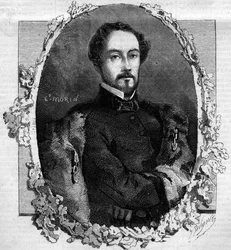 Porträtt av Juan Prim y Prats, greve av Reuss (1814-1870), spansk general och politiker. Gravyr i "" Le Monde Illustré"" nr 151 av 3 maj 1860.