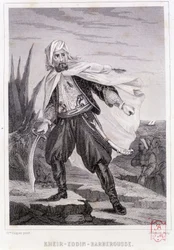 Porträtt av Kheir - Eddin - Barberousse, turkisk pirat från 1500-talet - i "" History of the pirates and the privateers of the Ocean and the Mediterranean"" av P. Christian, Paris, D. Cavaillés ed., Volym 1