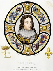 Porträtt av Ludvig XIII, kung av Frankrike (1601-1643). Faksimil av ett målat glas från medeltiden i "Histoire de la peinture sur verre"" av Ferdinand de Lasteyrie