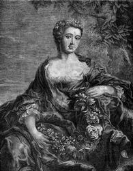 Porträtt av Madame de Chateauroux, Marie-Anne de Mailly-Nesle (1717-1744), favorit hos kung Ludvig XV. Gravyr i "Prostitutionens och utsvävningens historia bland alla världens folk från antiken till våra dagar" av Dr Th. -F. Debray. 1879.