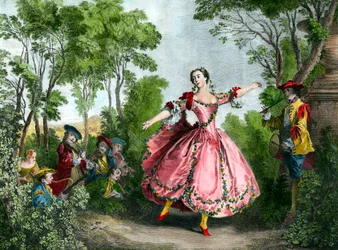 Porträtt av Marie Anne de Cupius de Camargo dit La Camargo (1710-1770) dansare Gravyr av 1700-talets Paris. Operans biblioteksmuseum
