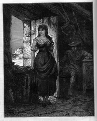 Porträtt av Mercédès, en karaktär i romanen ”Greven av Monte Cristo” av Alexandre Dumas (1802-1870). Gravyr i ”Le Monde Illustré”, 30 januari