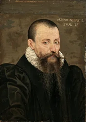 Porträtt av Michel Eyquem de Montaigne (1533-1592), 57 år gammal, liten halvfigur, i svart dräkt med vit krage