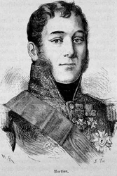 Porträtt av Mortier, hertig av Treviso (1768 - 1835), marskalk av Frankrike, dödad under attacken av Fieschi - i "The History of France" av Henri Martin