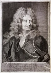 Porträtt av Nicolas Boileau, även känd som Boileau Despréaux (Boileau-Despréaux) (1636-1711), poet och författare. Gravyr som illustration till Herr Boileau Despréaux verk med historiska förklaringar, volym 1, Fabre et Barillot-utgåvan