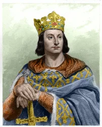 Porträtt av Filip II, kallad Filip August (1165-1223), kung av Frankrike - i ”Histoire des Français” av Lavallée, gravyr, odaterad.