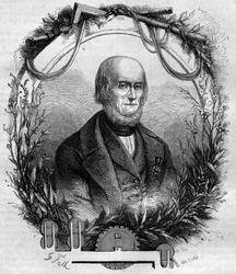 Porträtt av Philippe de Girard (1775-1845), fransk uppfinnare och industriman, skapare av linnespinnmaskinen. Gravyr från 1866-1867.