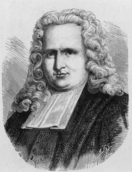 Porträtt av Pieter (Petrus, Pierre) van Musschenbroek (1692 - 1761), holländsk fysiker, uppfinnare 1745 av den första elektriska kondensatorn (flaska Leiden) - i "" Vetenskapens album; berömda vetenskapsmän; Stora upptäckter””” 1896.