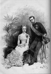 Porträtt av prinsessan Stephanie av Belgien (1864-1945) och ärkehertig Rodolphe av Österrike (1858-1889). Gravyr i "" Le Monde Illustré"" nr 1209 av 29 maj 1880.