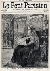 Porträtt av drottning Victoria av England (1819-1901), som reser genom Frankrike i sin vagnsalong. Den franska tidningen Le petit Parisiens förstasida. 21 mars