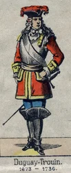 Porträtt av Rene Duguay Trouin (Duguay-Trouin) (Rene Trouin du Gue dit) (1673-1736) fransk sjöman. Bild på Epinal från slutet av 1800-talet.