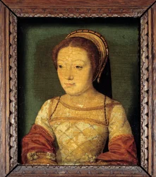 Porträtt av Renee av Frankrike, dotter till Ludvig XII, hertiginna av Ferrara (1510 - 1575). Olja på trä, 0,16 x 0,13 m. anonym målning. Franska skolan på 1500-talet.