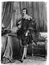 Porträtt av Thomas Wentworth (1593-1641), Earl of Strafford, engelsk statsman, riddare av strumpebandet och viktig person i händelserna fram till den första engelska revolutionen. Gravyr i "" History of the Popes (...) Drottningens kung och kejsares brott