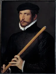 Porträtt av en blind flöjtist Målning av Ecole francaise. 1566 Sön. 0,62x0,5 m - Porträtt av en enögd flöjtist. Franskt skolmåleri. 1566. 0,62 x 0,5 m. Louvren, Paris