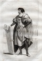Porträtt av den italienske målaren Masaccio (Tommaso di Giovanni Cassai) (1401-1428) - Gravyr från "" Italy Picturesque" - Historisk och beskrivande målning av Italien" av M. de Norvins, Ch. Nodier 1834-1836.