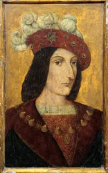 Porträtt av kungen av Frankrike Charles VIII (1470-1498) Målning på trä av den franska skolan. Château de Langeais från 1400-talet