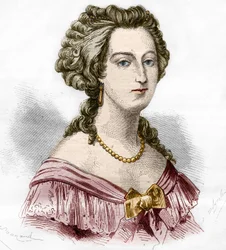 Porträtt av markisin av Boufflers Marie Francoise Catherine de Beauvau Craon (1711-1787). Gravyr i "Prostitutionens och utsvävningens historia bland alla världens folk från antiken till våra dagar" av Dr Th. -F. Debray. 1879.