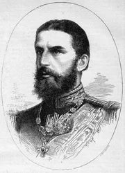 Porträtt av prinsen av Rumänien Charles de Hoenzolern Sigmaringer (1839-1914), blivande kung under namnet Charles I (Carol I). Gravyr i "" Le Monde Illustré"" nr 1054 av 23 juni 1877.