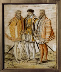 Porträtt av de tre bröderna Coligny (Odet (1517-1571), Gaspard (1519-1572) och Francois). Anonym teckning. Sön 0,26x0,21m Chantilly, musée Conde