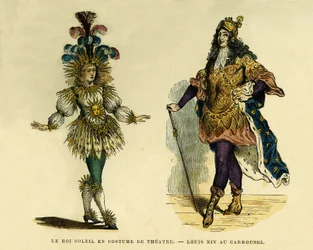 Porträtt av kung Ludvig XIV (1638-1715), i teaterdräkt och karusell. Färggravyr, i "France et les francais a travers les centuries"" av Augustin Challamel, F.Roy redaktör, Paris 1882. Selva Collection.