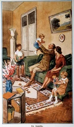 Post- och telekalender föreställande en familjescen, 1900-talet (tryck)
