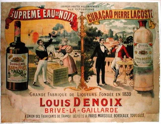 Affisch som gör reklam för "Eaux de Noix" och "Curacao, Pierre Lacoste", franska likörer, tillverkade av Louis Denoix (litografi i färg).