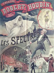 Affisch med reklam för Spöken och djävulens hus på teatern Robert-Houdin, Paris, ca 1870
