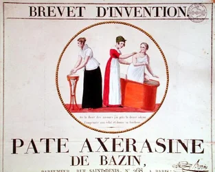 Reklamaffisch för "Pate Axerasine de Bazin", början av 1800-talet (färggravyr)