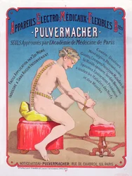 Affisch som annonserar en elektromedicinsk kroppsmassage- och stimuleringsmaskin Pulvermacher, 1884