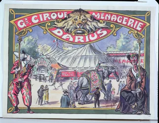 Affisch som annonserar Grand Cirque Menagerie Darius, 1924 (wc på papper)