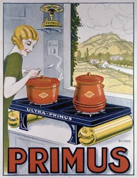 Affisch med reklam för Primus-hällen, tryckt av Dampenon & Elarue