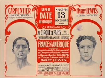 Affisch som annonserar boxningsmatchen mellan Carpentier och Harry Lewis, 1911
