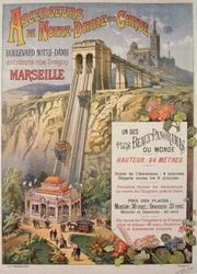 Affisch som annonserar hissen i Notre-Dame de la Garde, Marseille, ca 1900