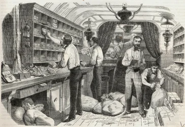 Inlägg: interiör av det mobila kontoret - Gravyr i "Tableau-de-Paris" av Edmond Texier 1852